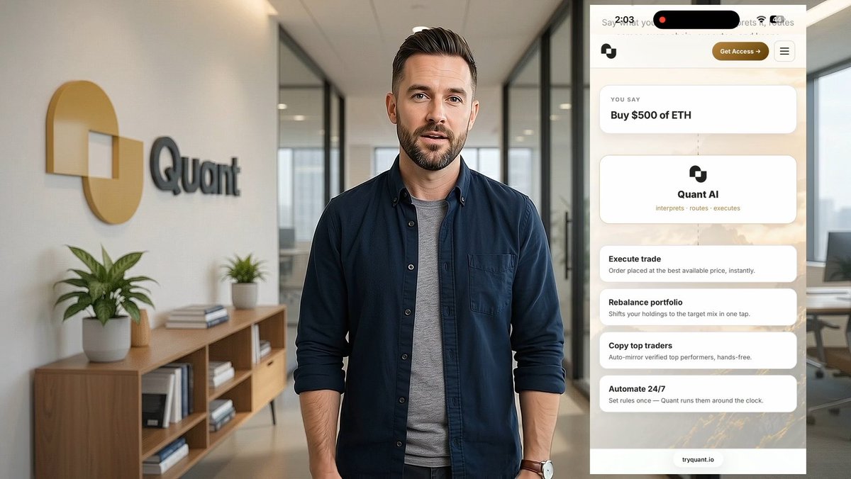 A bearded man stands in a modern office with the "Quant" logo behind him, alongside an overlaid smartphone screen displaying the Quant AI app interface featuring options like "Execute trade," "Rebalance portfolio," "Copy top traders," and "Automate 24/7," with a sample command "Buy $500 of ETH" shown. The image illustrates the post's explanation of AI-driven crypto trading tools, where the man's presentation introduces Quant AI as a platform that interprets commands, routes trades, and executes automatically—setting up the framework for explaining how conviction scores work within such automated trading systems.