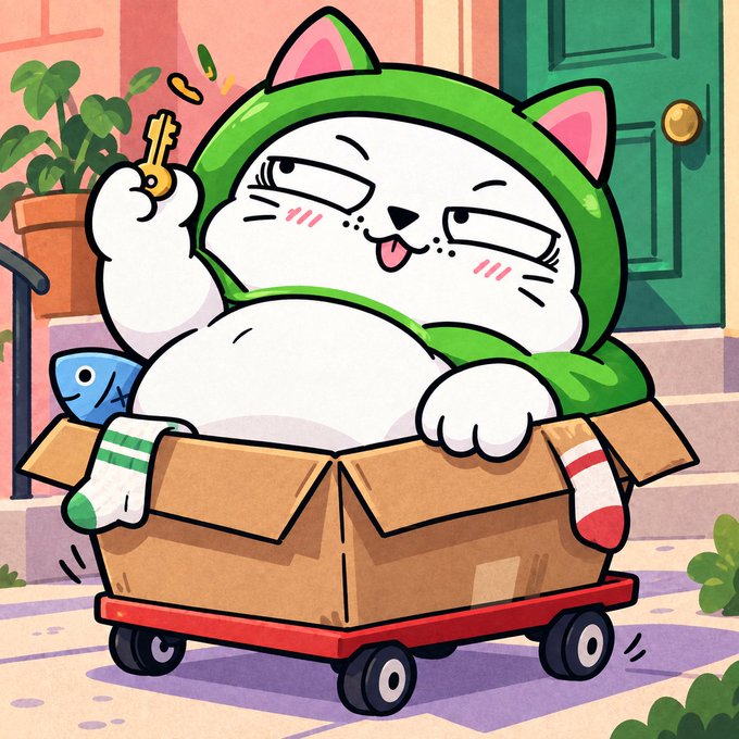 A smug cartoon cat wearing a green hood sits in a cardboard box on wheels, holding up a key with its tongue out, surrounded by plants and a blue plush toy. The image playfully captures the "HoodMeow" rebrand announcement, with the box-on-wheels symbolizing the project's transition from ArcMeow to its new home on Robinhood Chain.