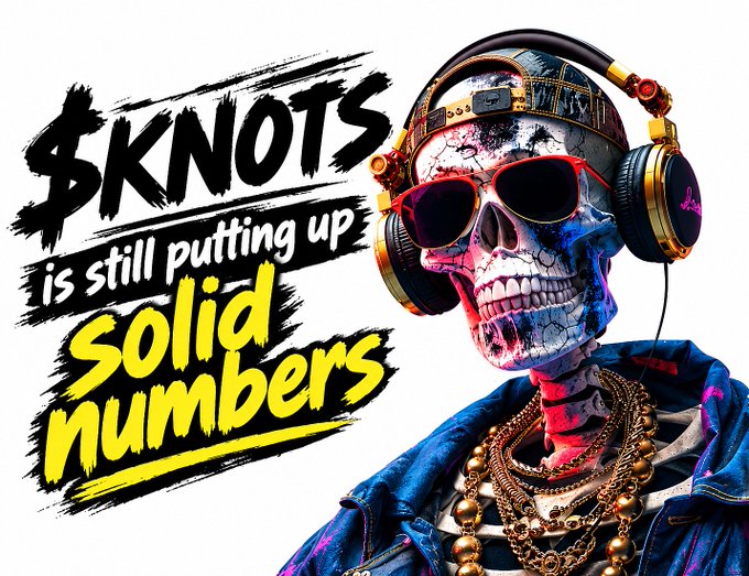 A vibrant, stylized graphic features a colorful painted skull wearing sunglasses, headphones, and gold chains, accompanied by the text '$KNOTS is still putting up solid numbers.'