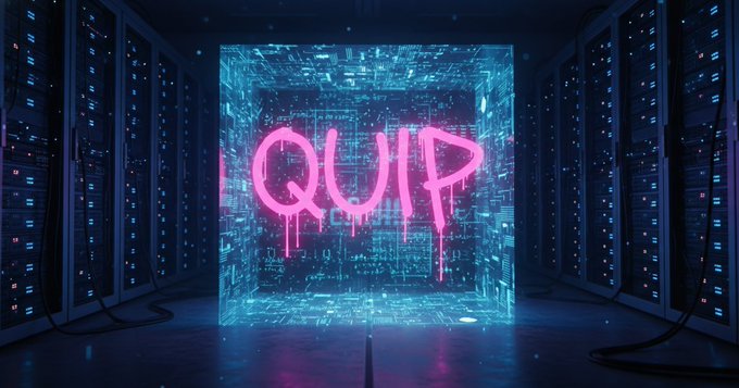A glowing pink "QUIP" logo in neon, dripping paint-style lettering floats at the center of a futuristic server room, with rows of illuminated server racks on either side and a holographic circuit board backdrop, visually reinforcing the post's emphasis on Quip Network's investment in its technical community and quantum-related developer exploration.