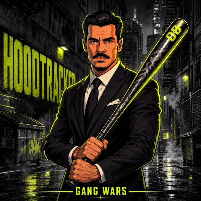 A stylized poster of a man in a suit holding a glowing baseball bat with '88' on it, labeled 'GANG WARS'.