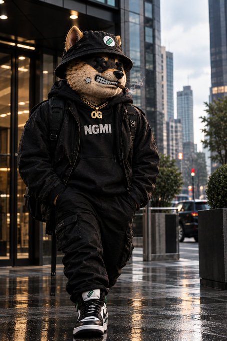 A figure wearing a Shiba Inu mask, a black bucket hat, a gold chain, and an "OG NGMI" hoodie walks down a wet city sidewalk, carrying a backpack and wearing black and white sneakers.