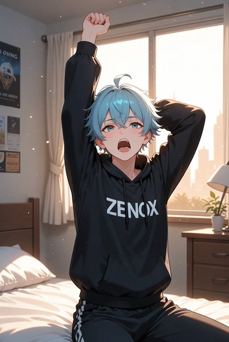 An anime-style illustration of a blue-haired boy wearing a black hoodie with 'ZENCIX' printed on it, yawning with one arm stretched upward in a sunlit bedroom.