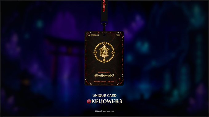 A promotional graphic displays a 'Kredoos Pass' NFT card against a dark, colorful background, featuring a red lanyard and text reading 'UNIQUE CARD @KEIJOWEB3' and '@kredosodotcom'.