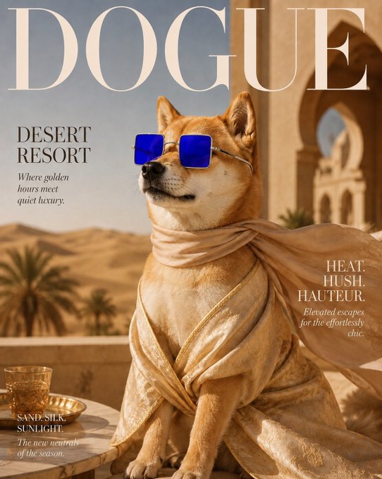 A Vogue-style magazine cover parody titled "DOGUE DESERT RESORT" featuring a Shiba Inu wearing blue sunglasses and a flowing gold scarf, with text reading "HEAT. HUSH. HAUTEUR."