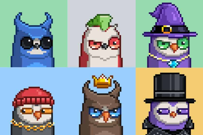 Six pixel-art owl characters with different outfits and accessories including a wizard hat, beanie, crown, and top hat against colorful backgrounds.