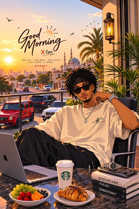 Anime-style illustration of a man with dreadlocks and sunglasses working on a MacBook on a balcony at sunrise, with a 'Good Morning X fam - MONDAY' message and books titled 'DISCIPLINE', 'FOCUS', and 'CONSISTENCY'.