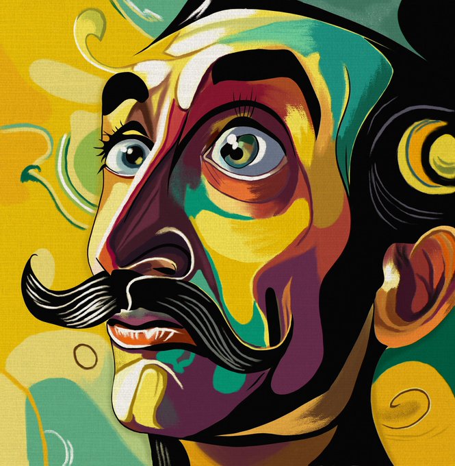 A vibrant pop-art style digital illustration of a man's face with a prominent black mustache, featuring bold blocks of yellow, green, red, and black colors.