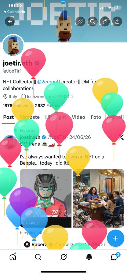 A Twitter/X profile page for @JoeTir1 displaying the bio 'NFT Collector || @2euronft creator || DM for collaborations,' with 1976 Following and 2932 Followers, featuring a birthday-themed overlay of colorful balloons and a pinned tweet stating 'I've always wanted to own an NFT on a Beeple... today I did it!!!' alongside Beeple artwork.