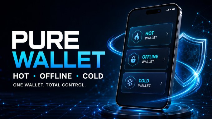 A sleek promotional graphic for "PURE WALLET" featuring a smartphone displaying three wallet options—Hot, Offline, and Cold—alongside the tagline "ONE WALLET. TOTAL CONTROL." The image visually reinforces the post's message about combining hot, offline, and cold wallet functionality in a single non-custodial crypto app, with glowing blue shield graphics emphasizing security.