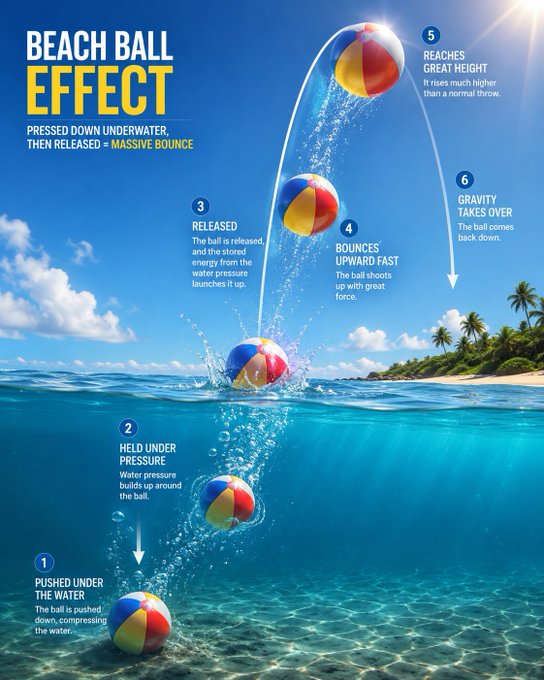 Infographic titled 'BEACH BALL EFFECT' explaining how a beach ball, when pushed underwater and released, bounces much higher than a normal throw due to water pressure. The graphic shows six numbered stages of the process.