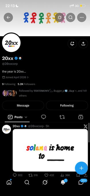 An Instagram profile screenshot for '20xx' (@20xxcorp), showing 5.2K followers, 9 following, and a recent post stating 'SOLANA is home to ___'.