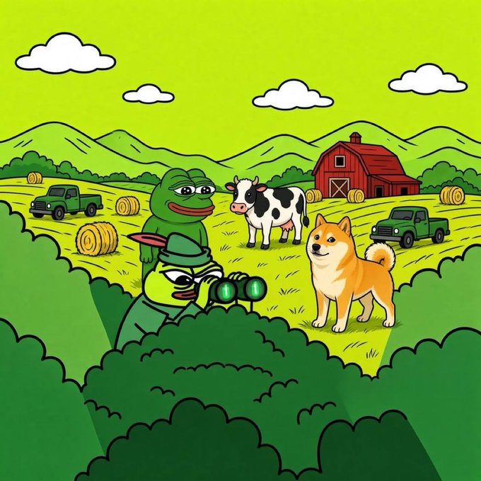 A cartoon-style illustration of Pepe the Frog wearing a green cap and using binoculars to spy on a farm scene featuring a dog, cow, pickup truck, and barn, symbolically representing the "early PEPE vibes" of the $PENPE token that the post is tracking as a potential big runner on Robinhood.