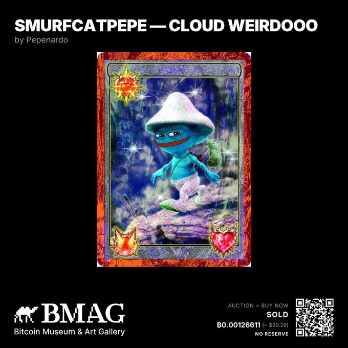 A digital art piece titled 'SMURFCATPEPE — CLOUD WEIRDOOO' by Pepenardo, displayed on the 'BMAG Bitcoin Museum & Art Gallery' website as a sold auction item for B0.00126611.