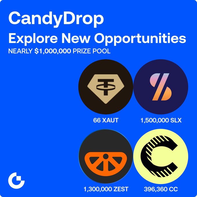 The image is a blue poster with white text that displays four different candiedrops logos and descriptions. Each logo is accompanied by a number associated with it, such as $XAUT for 64, XAUT for 1,500,000 Slx, and $CC for $3,960,CCC. The post encourages users to explore these new opportunities by completing tasks related to the candiedrops logos on the poster.