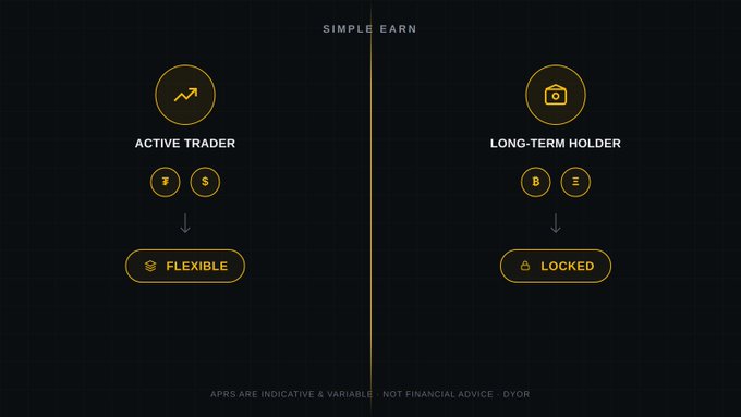 A dark interface titled 'SIMPLE EARN' contrasts two options: 'ACTIVE TRADER' with a 'FLEXIBLE' option on the left, and 'LONG-TERM HOLDER' with a 'LOCKED' option on the right, noting 'APRS ARE INDICATIVE & VARIABLE'.