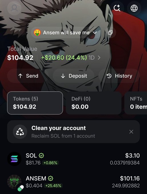 A crypto wallet screenshot displays a total portfolio value of $104.92, up $20.60 (24.4%) in one day, featuring holdings in SOL ($3.10) and ANSEM ($101.16, up 25.45%), with the account nickname "Ansem will save me." The image illustrates the post's claim of profiting roughly $20 on a $ANSEM investment, showing the meme coin's sharp 25.45% daily gain that brought the user's portfolio from around $84 to over $104.