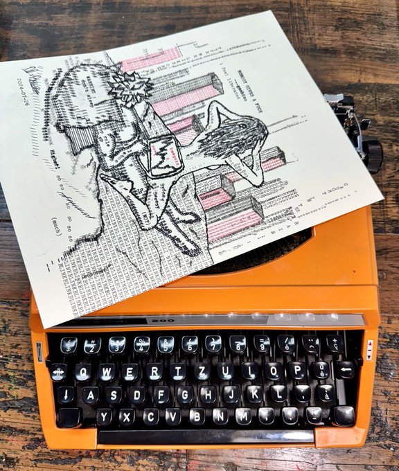 A vintage orange typewriter on a wooden surface with a piece of paper displaying a detailed pen-and-ink illustration of a woman and a mushroom atop it.