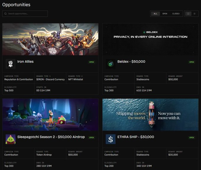 A screenshot of a cryptocurrency airdrop opportunities dashboard displaying campaigns including "Iron Allies", "Beldex - $50,000", "Sleepagotchi Season 2 - $50,000 Airdrop", and "ETHRA SHIP - $30,000".