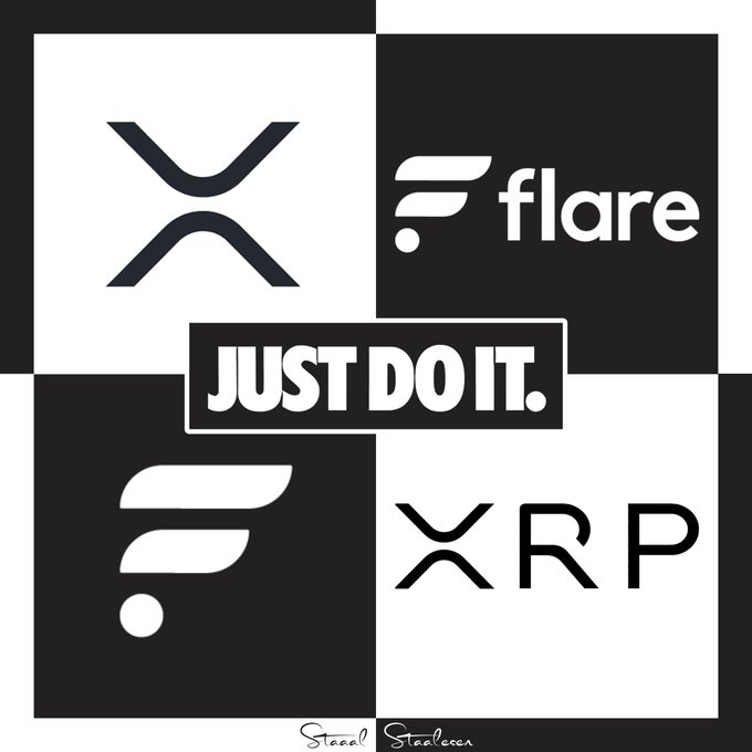 Black-and-white graphic featuring the XRP logo and Flare logo in a checkered layout with the text 'JUST DO IT.' overlaid in a banner, signed 'Steal Stealceez'.