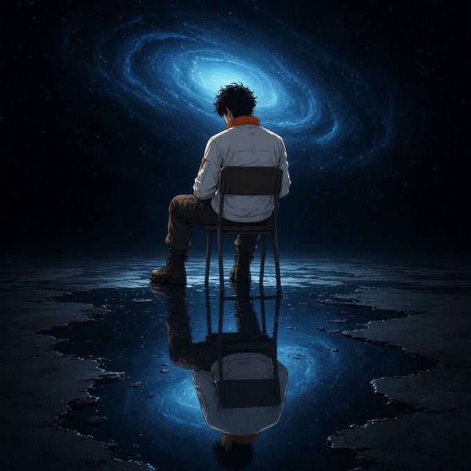 An anime-style illustration of a young man with dark hair sitting on a chair facing a swirling blue galaxy, with his reflection visible in a puddle of water below.