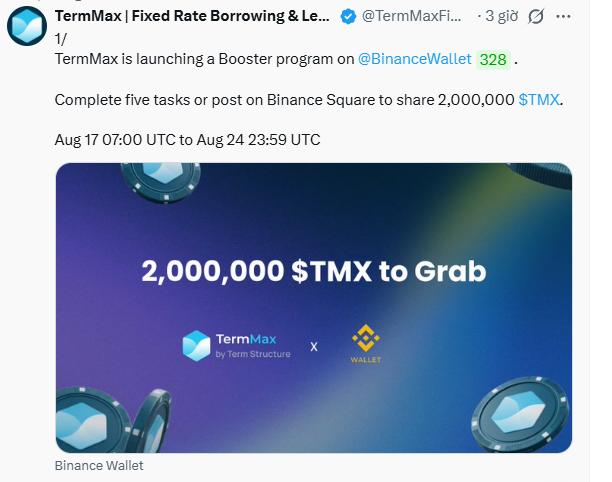 A TermMax tweet announcing a Booster program on Binance Wallet, offering to share 2,000,000 $TMX for completing five tasks or posting on Binance Square from Aug 17 to Aug 24.