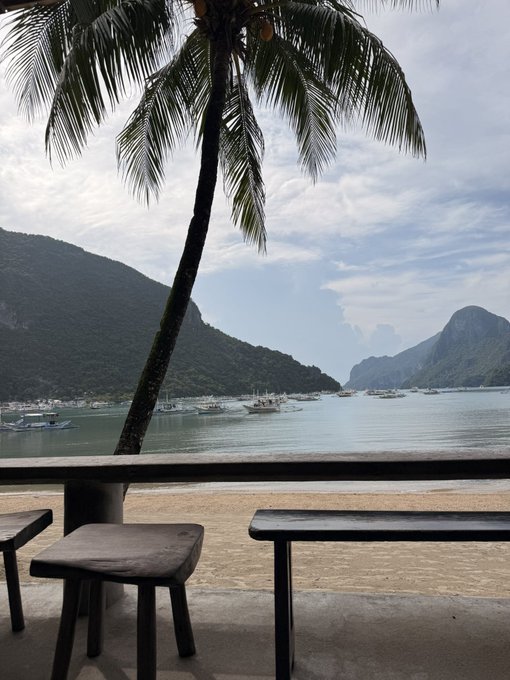 A scenic beach view with palm trees, boats in the bay, and mountains in the background, captured from what appears to be a casual beachside seating area. The image perfectly embodies the freedom and flexibility the post celebrates—the freedom to work remotely from a tropical paradise while running a Hedera ($HBAR)-based company instead of chasing a traditional 300k corporate job.
