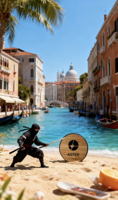 An AI-generated surreal scene of a ninja in Venice holding a shield labeled 'ASTER' with Venetian canals and architecture in the background.