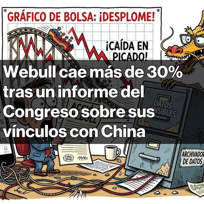 A Spanish-language news graphic with a stock chart illustration and the headline 'Webull cae más de 30% tras un informe del Congreso sobre sus vínculos con China.'