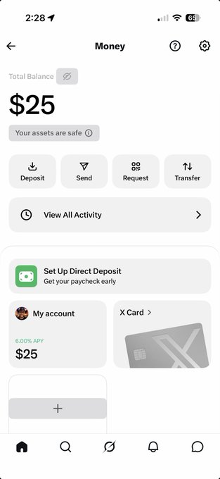 Screenshot of a mobile banking app showing a 'Money' account page with a $25 total balance, action buttons (Deposit, Send, Request, Transfer), and a 'Set Up Direct Deposit' option.