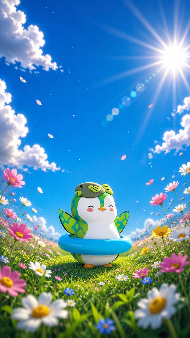Anime-style illustration of a cute green and white penguin-like creature wearing a blue swim ring, standing in a vibrant flower field under a bright blue sky.