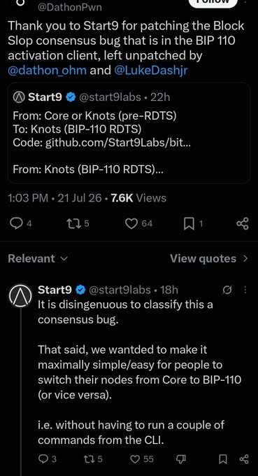 A Twitter/X screenshot of @DathonPwn thanking Start9 for patching the Block Slop consensus bug in BIP-110 activation client, quoting Start9 (@start9labs) who calls classifying it a consensus bug disingenuous.