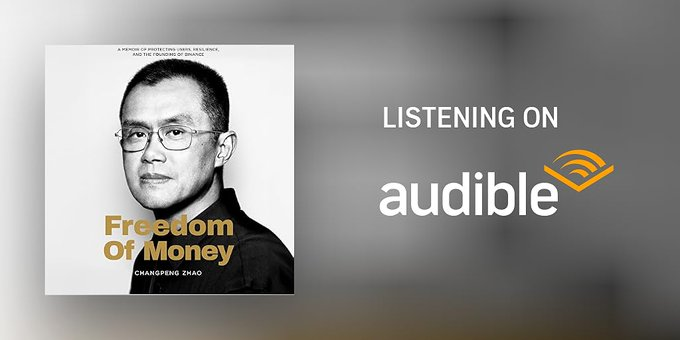 Promotional image for 'Freedom Of Money' book by Changpeng Zhao (CZ), showing the book cover alongside an Audible logo indicating audiobook availability.