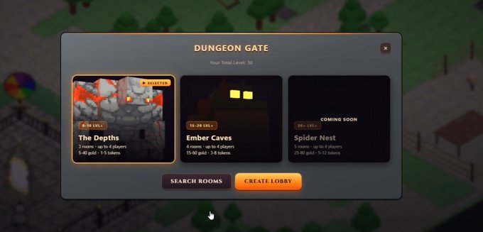 A "Dungeon Gate" menu shows a level 30 total with three dungeon options: The Depths (18-19 Lvl, 3 rooms, up to 4 players, 1-5 gold, 1-5 tokens, marked Selected), Ember Caves (18-20 Lvl, 4 rooms, 15-30 gold, 1-8 tokens), and a Coming Soon Spider Nest, with Search Rooms and Create Lobby buttons below—illustrating the dungeon-crawling gameplay of the new Solana-based game mentioned in the post.