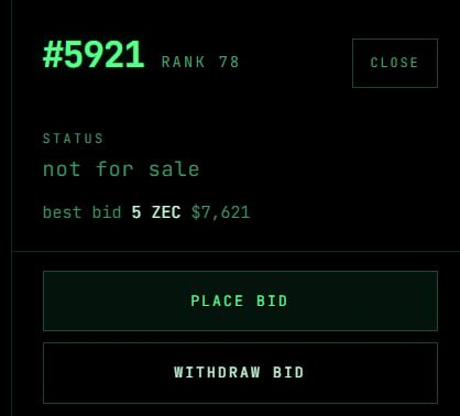 An interface for item #5921 (Rank 78) showing a "not for sale" status with a best bid of 5 ZEC ($7,621), featuring "PLACE BID" and "WITHDRAW BID" buttons that demonstrate the now-functional bid cancellation feature for $ZEC.