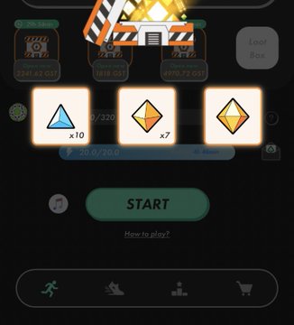 A mobile game screen showing a 'START' button with three reward options (x10, x7, x7) above it, featuring orange and yellow gem icons.