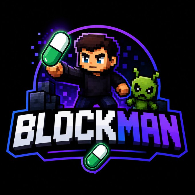 The image features a logo for a video game called "BLOCKMAN". It consists of two characters, one man and one alien-like creature (possibly a robot), holding up pills against a purple background with white text that reads "BLOCKMAN". The text also includes some numbers and the word "Pumpfun" in the bottom right corner. Below this, there is a post announcing the game's launch on Pumpfun.com, stating that it will be available for download immediately after its release.