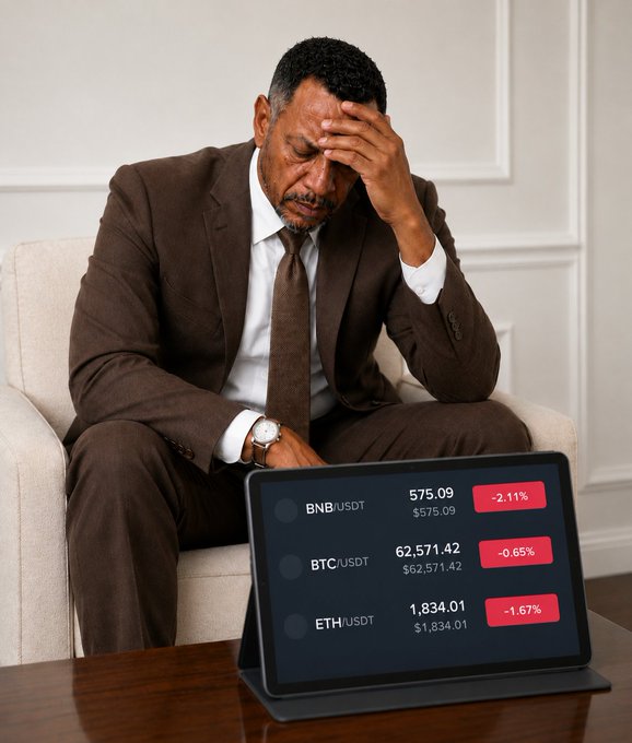 A distressed man in a brown suit sits with his head in his hand, looking at a tablet displaying bearish crypto prices: BNB/USDT at $575.09 (-2.11%), BTC/USDT at $62,571.42 (-0.65%), and ETH/USDT at $1,834.01 (-1.67%), reflecting the post's lament about the August 1st downturn in the crypto market while hoping for a positive reversal.