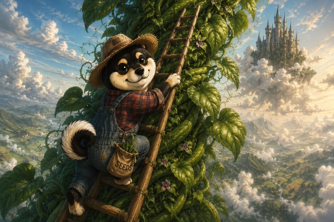 The image features a cartoon dog wearing a straw hat, dressed as a farmer with overalls and a bucket of tools, standing on top of a ladder that leads up to a castle-like structure. The caption below the image reads "Never stop climbing $MANYU #ManyuArmy". This phrase is likely an inside joke or reference to the cartoon character's adventurous nature.

The image also includes a castle in the background and clouds, creating a whimsical and imaginative scene that captures the viewer's attention.