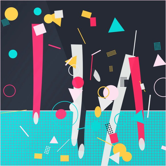 An abstract geometric composition featuring colorful shapes, lines, circles, and grids against a dark background.