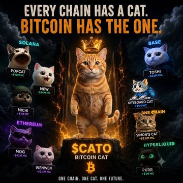 Promotional graphic titled 'EVERY CHAIN HAS A CAT. BITCOIN HAS THE ONE.' featuring $CATO Bitcoin Cat in the center surrounded by meme cats from various crypto chains including Solana (POPCAT, MEW, MICHI), Base (TOSHI, KEYBOARD CAT), ETH Chain (SIMON'S CAT), Ethereum (MOG), Hyperliquid (PURR), and Wenwen.
