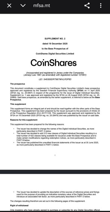 A mobile screenshot displaying the MFSA (Malta Financial Services Authority) Supplement No. 2 dated 19 December 2023 to the base prospectus of CoinShares Digital Securities Limited, listing 313 new classes of Digital Individual Securities. The document relates to the post by showing regulatory approval for European cryptocurrency exchange-traded products (ETPs), similar in context to Pi Network's Valour Pi SEK issuance on the Spotlight Stock Market in Sweden.