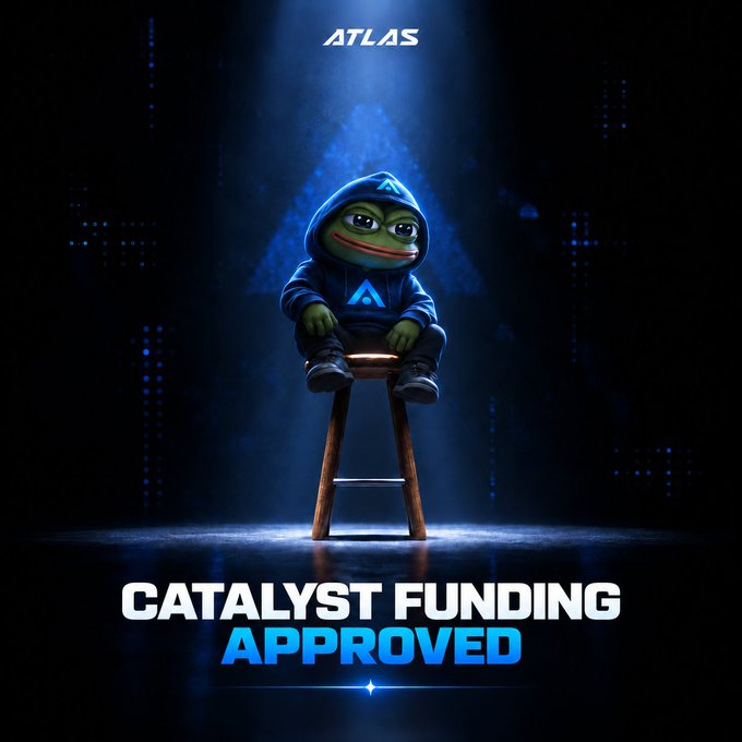 A promotional graphic showing a Pepe-style frog character in a blue hoodie with the text 'ATLAS' and 'CATALYST FUNDING APPROVED.'