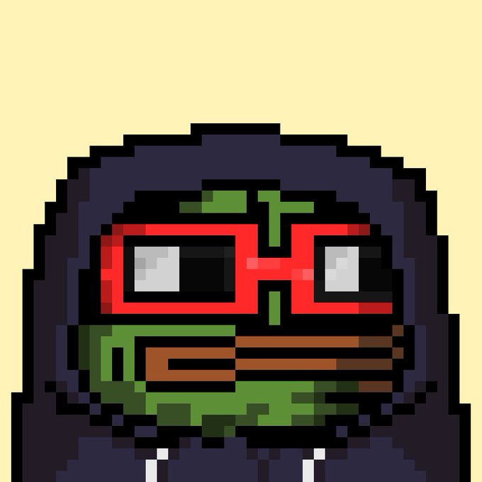Pixel art of a Teenage Mutant Ninja Turtle character wearing a red mask and red-rimmed glasses, against a pale yellow background.