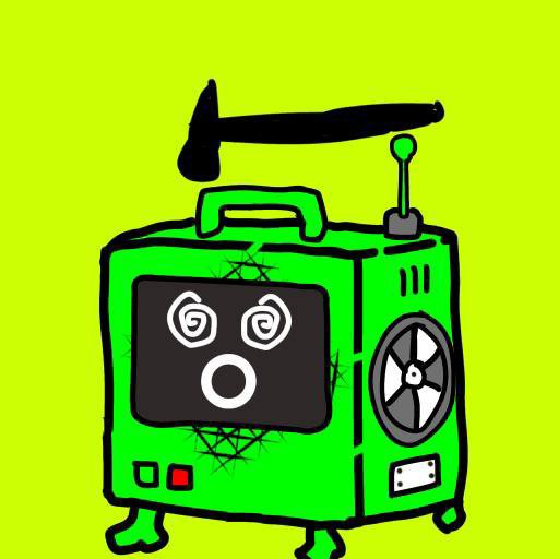 A cartoon-style illustration of a green welding machine character with a surprised facial expression on its screen, set against a bright green background.
