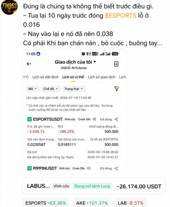 A Vietnamese-language social media post from user '774953' discussing $ESPORTS token losses, with a screenshot showing futures trading data including ESPORTSUSDT at -298.25% ROI and an open position on LABUS showing -26,174.00 USDT.
