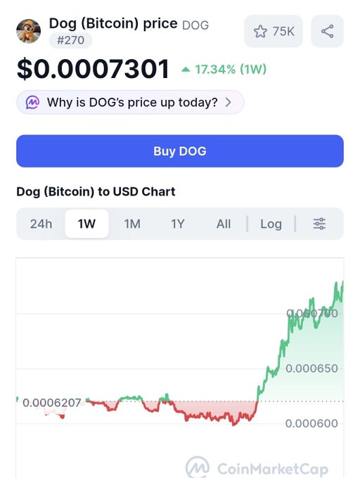 CoinMarketCap screenshot showing Dog (Bitcoin) price at $0.0007301, up 17.34% (1W), with a 1-week chart showing a sharp upward trend.