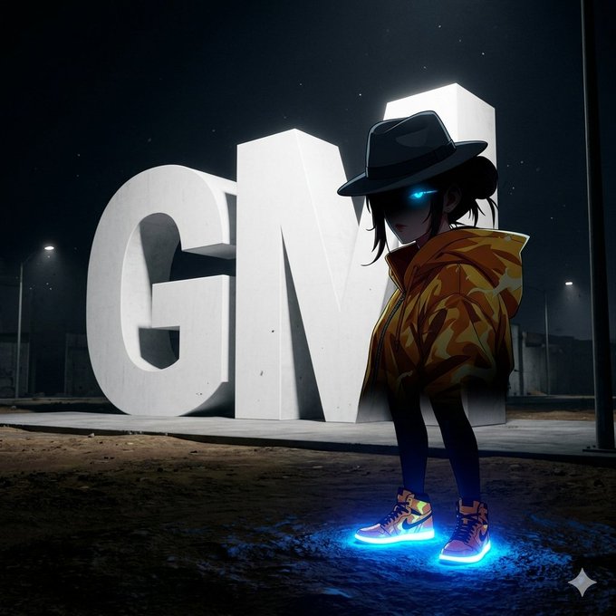 An anime-style character in a yellow camo jacket, black hat, and glowing blue futuristic sneakers leans against a large white 'GM' sculpture at night.