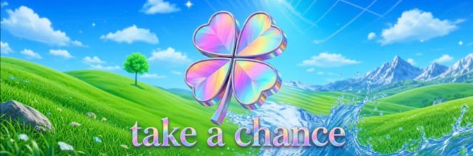 A vibrant four-leaf clover with iridescent pink and blue hues floats above a green landscape with the text "take a chance" below it, visually tying into the "$CHANCE" memecoin being promoted.