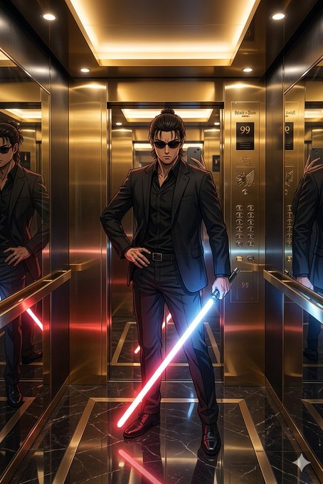 The image features a man dressed in a suit standing in an elevator, holding a sword with a glowing blade that appears to be lit up red and blue colors. The man's reflection can be seen in one of the mirrors within the elevator. The background is a simple gray color, which contrasts with the vibrant colors of the man's suit and the illuminated sword. The post seems to be promoting an event or gathering related to sword fighting or martial arts, possibly a convention or exhibition.